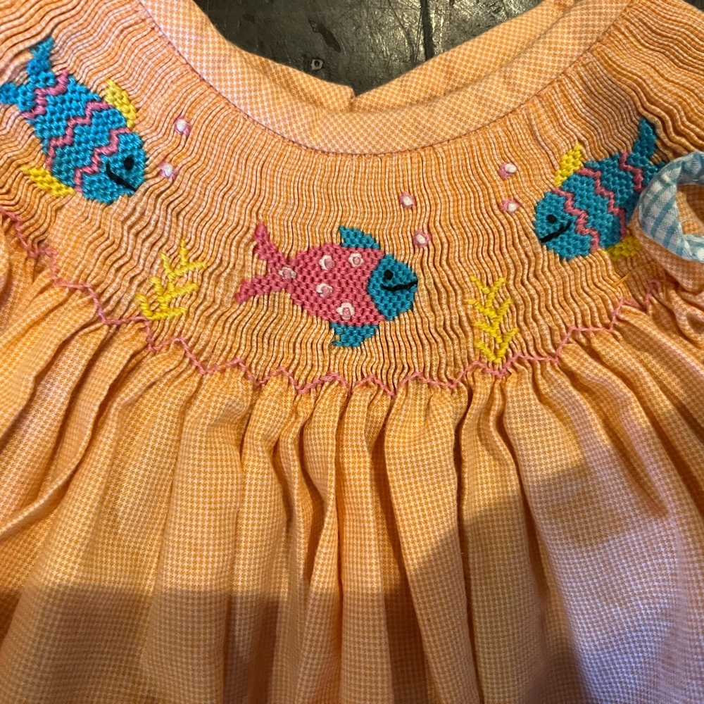 Vibrant Orange Smocked Dress with Fish Embroidery